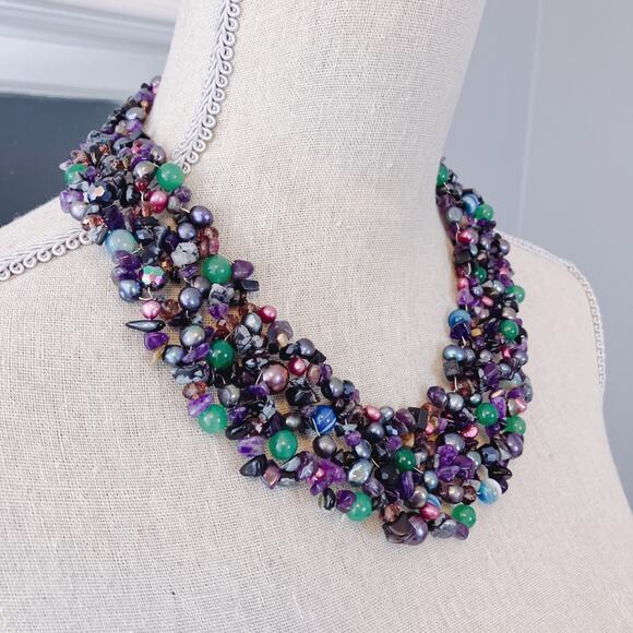 VTG Amethyst Jade Quartz Bib Necklace Mesh Collar Statement Boho Y2K Artisan - Picture 3 of 11